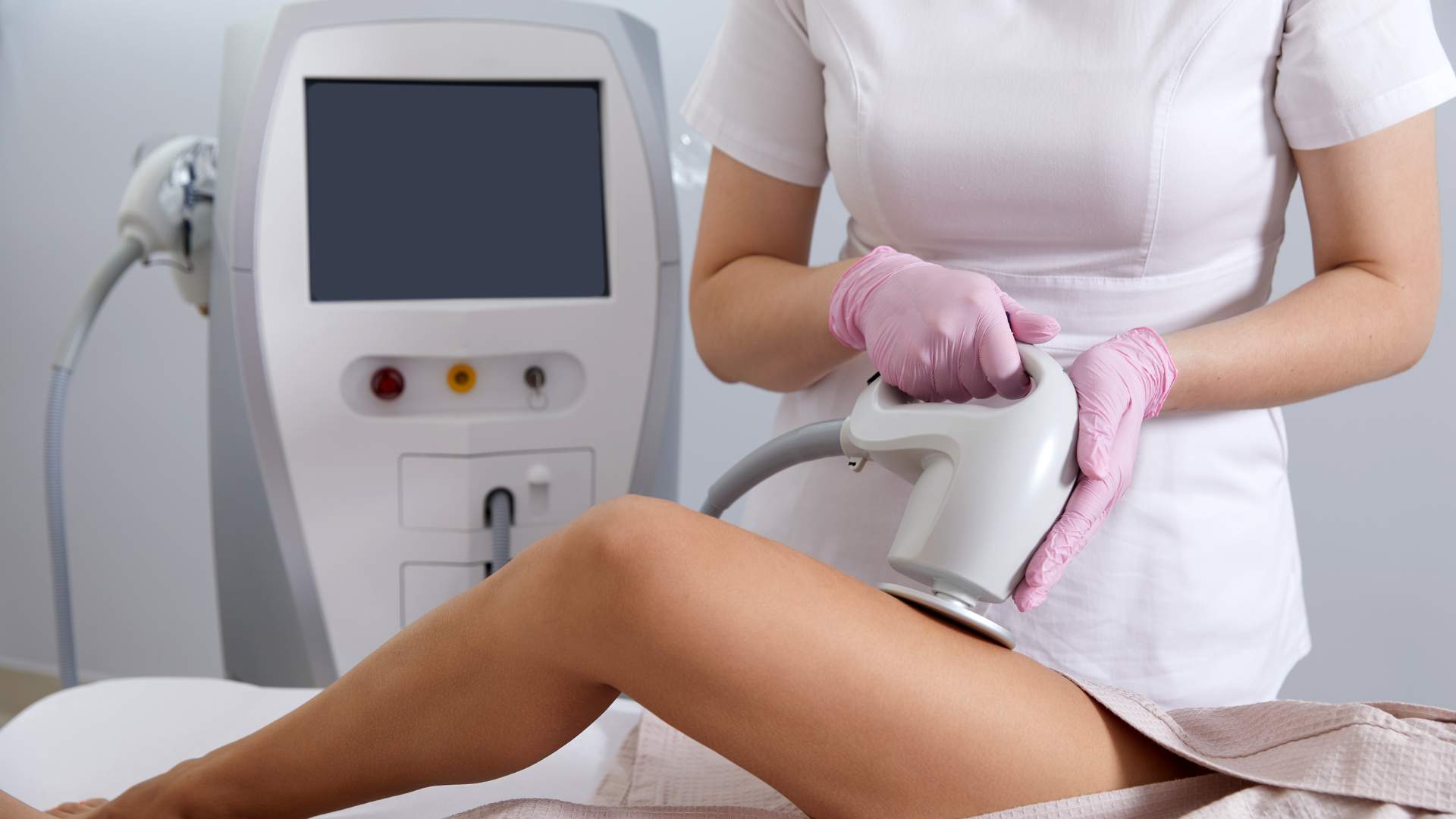 Woman Having Laser Treatment on Thigh. Ultrasound Cavitation Body Contouring Treatment. anti Cellulite Treatment