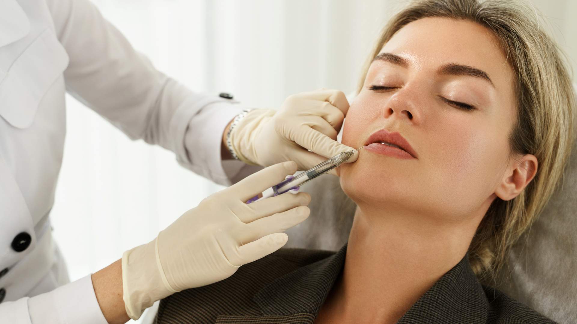 Woman during Facial Filler Injections in Aesthetic Medical Clinical