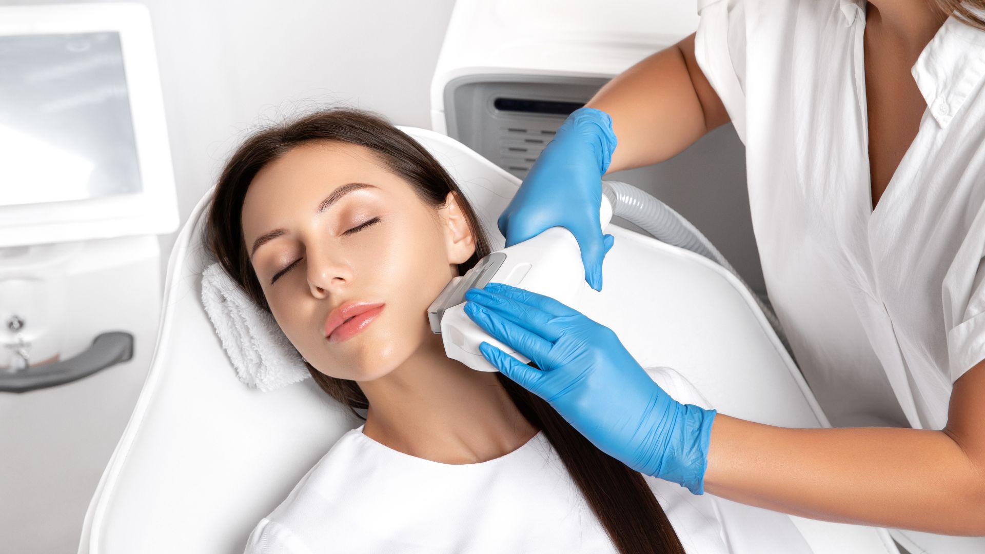 Elos epilation hair removal procedure on the face of a woman. Beautician doing laser rejuvenation in a beauty salon. Facial skin care. Hardware ipl cosmetology