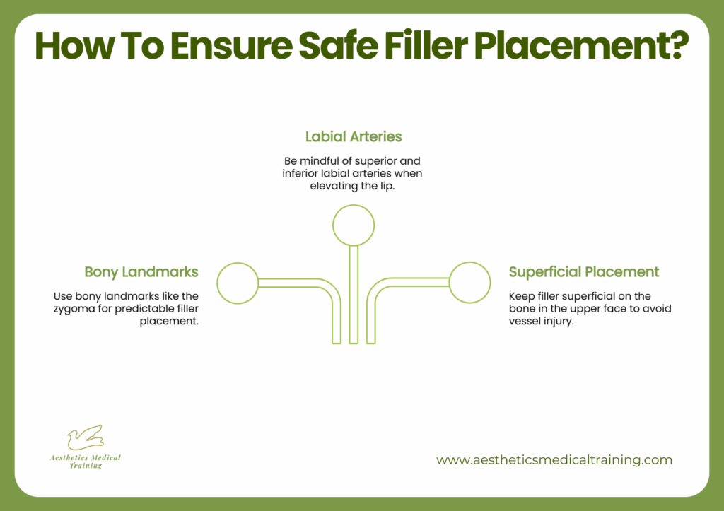 Infographic outlining **safe filler placement techniques**, including being mindful of the Labial Arteries, using Bony Landmarks like the zygoma, and utilizing Superficial Placement to avoid vessel injury.